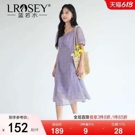 【温柔香芋紫方领碎花连衣裙】蓝若水大码2025夏新款褶皱设计长裙图片