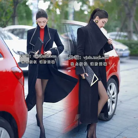 VJE欧美设计感长款过膝翻领大衣冬季双排扣修身气质干练外套图片