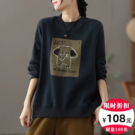 dza 复古短款加厚加绒卫衣女士冬季套头圆领长袖宽松显瘦印花上衣商品大图