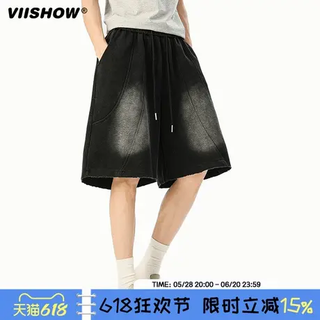 VIISHOW潮牌美式水洗做旧直筒五分裤子男女夏季复古宽松牛仔短裤图片