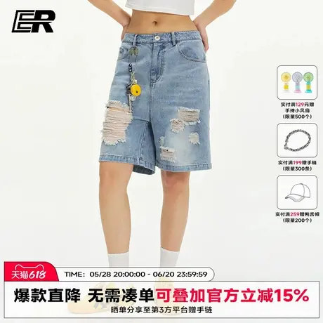 ER水洗破洞牛仔短裤男2025夏季美式潮牌高街痞帅做旧宽松五分裤女图片