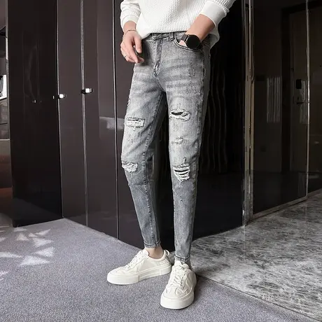 2023秋冬新品个性破洞高街风潮牌牛仔裤韩版修身小脚裤乞丐补丁男商品大图