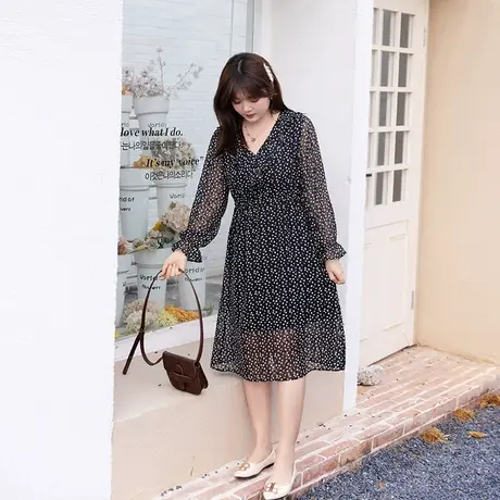 2023年秋季新款荷叶领减龄气质中长款大码雪纺波点连衣裙显瘦胖mm商品大图