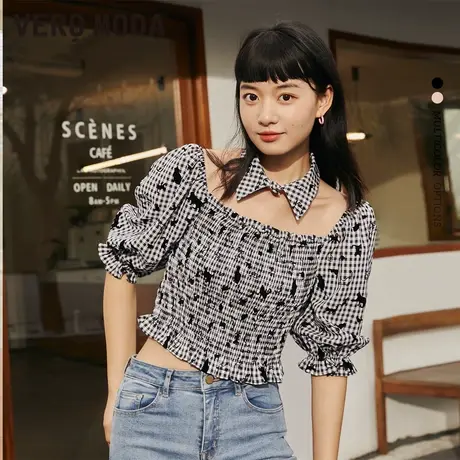 VeroModa奥莱雪纺衫夏季清仓甜美猫咪印花小翻领泡泡袖百搭上衣女图片