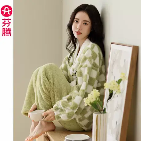 芬腾珊瑚绒睡衣女士2024新款秋冬季法兰绒加绒加厚冬天家居服套装商品大图