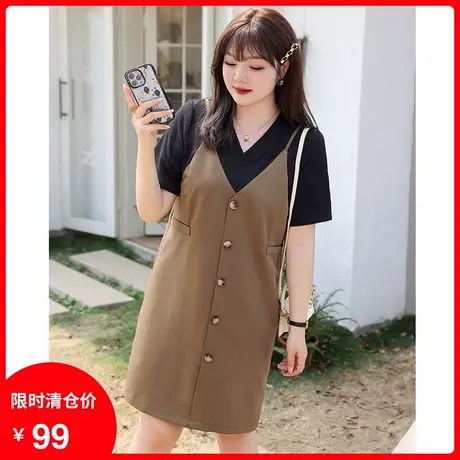 显瘦大码胖MM假两件直筒裙2023年夏装新款气质宽松遮肉百搭连衣裙图片