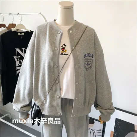 卫衣女春秋薄款开衫2022新款韩版宽松休闲简约字母运动开衫外套潮商品大图