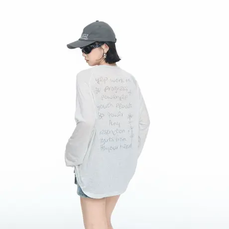 莱赛尔天丝印花长袖T恤女春秋新款宽松微透薄款物理防晒罩衫上衣图片