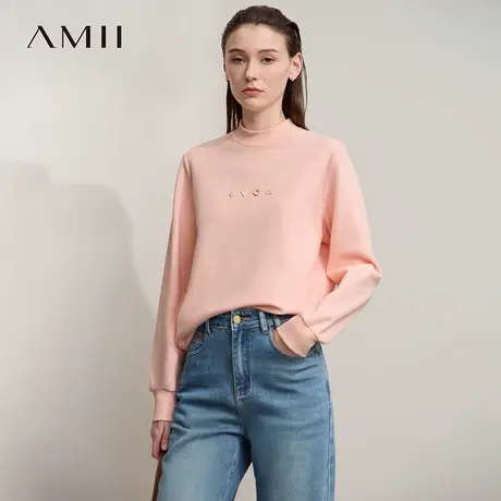 Amii2025秋新款几何金属片装饰棉弹力卫衣女半高领宽松休闲上衣图片