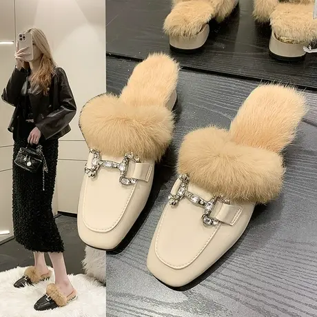 包头毛绒半拖鞋女外穿2023新款毛毛鞋女鞋秋冬加绒粗跟单鞋穆勒鞋商品大图