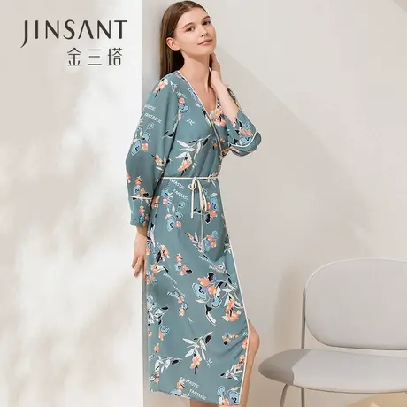 金三塔春秋新品真丝睡裙女100%桑蚕丝印花睡袍两穿家居服睡衣商品大图