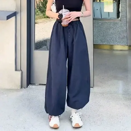 韩系复古时尚简约格子束脚卫裤女早秋新款宽松慵懒抽绳显瘦休闲裤商品大图