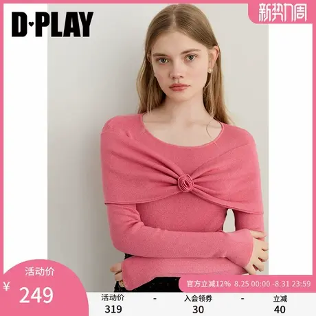 DPLAY2025年秋季新款粉色针织衫女亮丝圆领修身打底衫长袖上衣图片