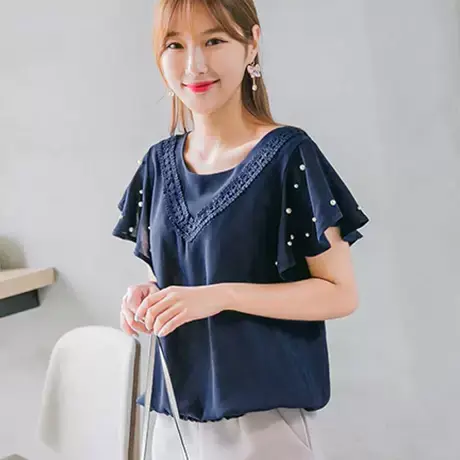桔熊夏季韩版复古蕾丝钩花荷叶袖下摆松紧收腰上衣女装大码AB7298图片