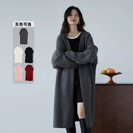 嘉茱莉新款长款针织开衫外套女宽松针织上衣V领中长款毛衣毛衫商品大图