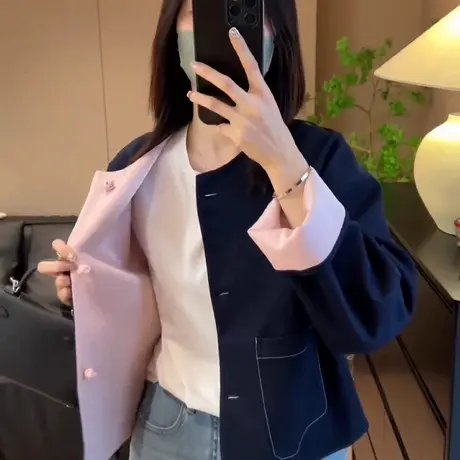 2025春季新款国风撞色双面穿圆领短款外套女时尚宽松气质百搭上衣商品大图