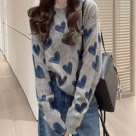 韩版慵懒风字母爱心毛衣女2025秋季时尚高级感减龄宽松长袖针织衫商品大图
