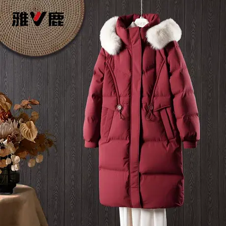 25雅鹿新款带毛领中长羽绒服女款时尚保暖通勤正品鸭绒超保暖红色图片