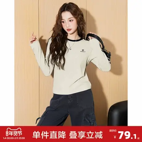 唐狮2026秋冬新款女长袖T恤美式复古手臂条纹辣妹修身正肩t恤商品大图