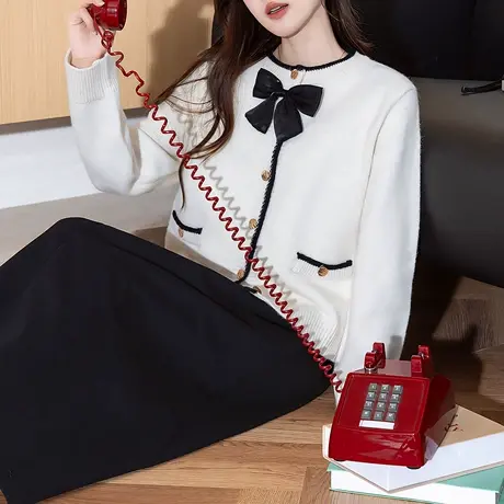 唐狮秋冬毛衣女名媛小香风蝴蝶结圆领针织开衫外套高级感上衣TD图片
