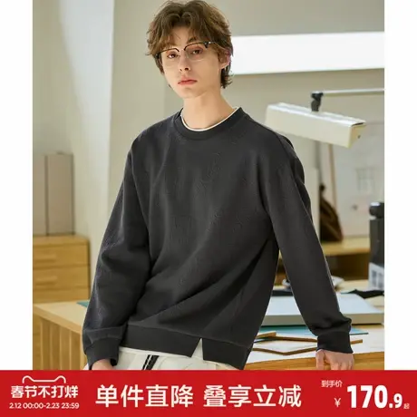 唐狮2026春季新款男假两件提花卫衣圆领设计感美式字母宽松休闲风图片