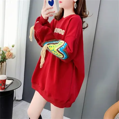 设计感加绒加厚圆领卫衣女秋冬2022年新款宽松系带植绒字母上衣潮商品大图