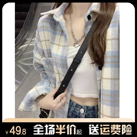 格子长袖衬衫女2023年新款春秋季设计感韩版宽松慵懒风外套上衣潮图片