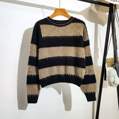 条纹毛衣女宽松套头秋冬2023新款宽松休闲百搭长袖针织衫上衣外穿商品大图
