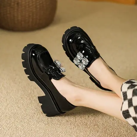 厚底乐福鞋女秋冬季2023新款英伦风皮鞋粗跟小个子增高一脚蹬单鞋商品大图