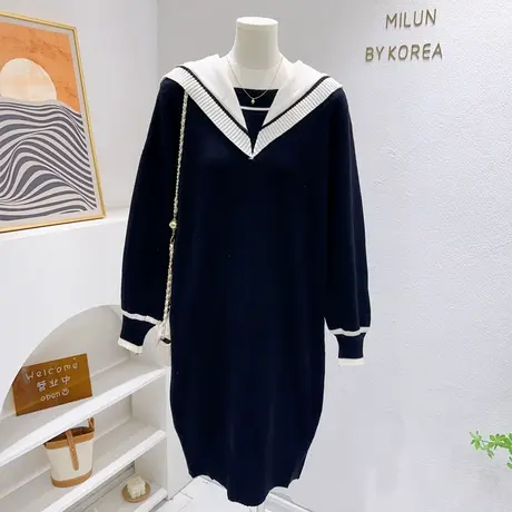 微胖显瘦~2023秋冬款ins日系学院风甜美海军领长款针织连衣裙毛衣商品大图