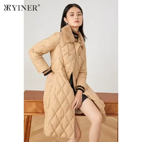 YINER音儿商场同款女装2021冬新款菱格纹兔毛翻领加厚羽绒服图片