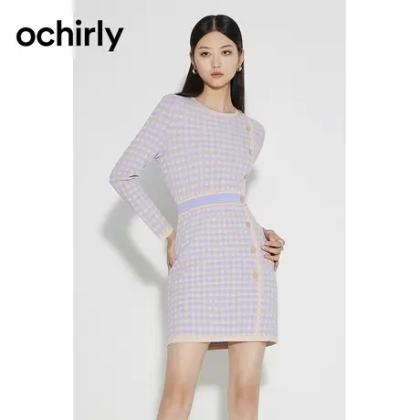 ochirly欧时力针织连衣裙女新款秋装撞色织带收腰显瘦设计感图片