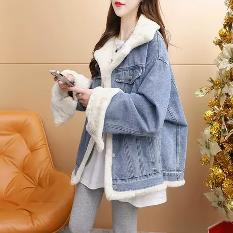 加绒加厚牛仔外套女2023新款秋冬宽松休闲百搭设计感正反两穿上衣图片