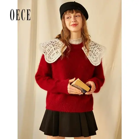 【买1送1】Oece冬装新款复古减龄娃娃领毛针织衫上衣加厚长袖毛衣商品大图