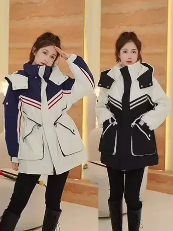 2023冬季新款拼色连帽羽绒服女中长款白鸭绒防风时尚百搭外套潮款商品大图