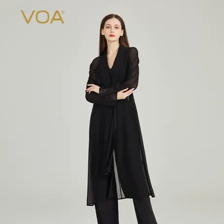 VOA乔其纱桑蚕丝黑色V领长袖三粒扣通勤立体装饰简约真丝风衣商品大图
