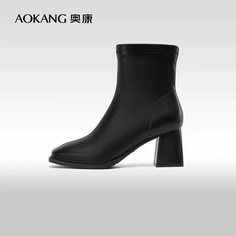 奥康女鞋 冬季新款中筒方头时装靴子粗高跟舒适简约英伦显瘦商品大图