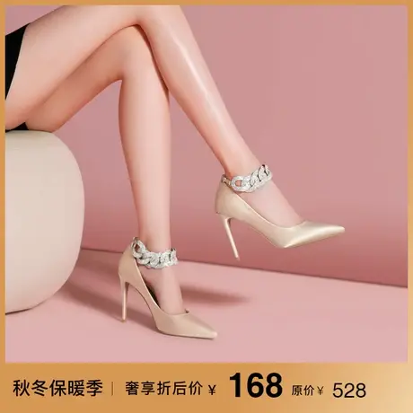 熙漫2023春季新款尖头一字带单鞋女浅口水钻高跟鞋欧美性感宴会鞋商品大图