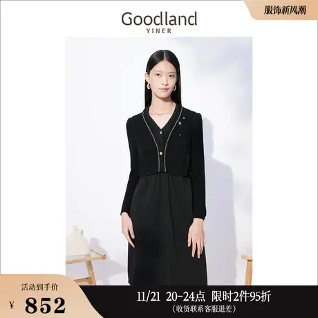 Goodland美地女装冬季赫本风长袖假两件拼接连衣裙图片
