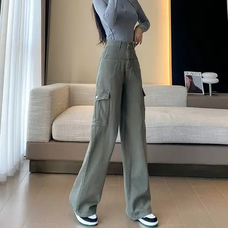 军绿色高腰窄版工装裤女春秋美式复古直筒显瘦百搭阔腿拖地牛仔裤商品大图