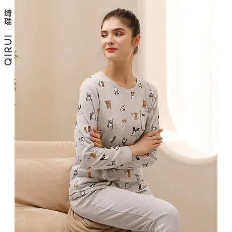 绮瑞睡衣女秋季长袖纯棉甜美印花家居服全棉女士春秋薄款大码套装商品大图