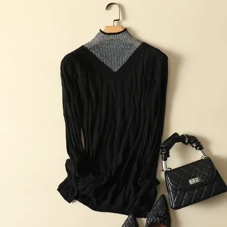 蕾丝拼接半高领透视性感打底衫秋冬新款修身洋气加厚打底衫针织衫商品大图