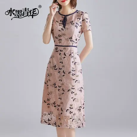 水墨青华热卖夏装新品短袖女装时尚中长修身a字蕾丝连衣裙商品大图