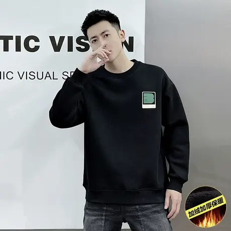 秋冬款刺绣字母印花卫衣男潮流简约轻熟休闲圆领内搭加绒上衣体恤图片