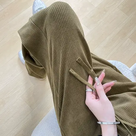 阔腿裤女2023新款女裤秋款欧绵绒运动裤秋季休闲百搭卡其色裤子冬商品大图
