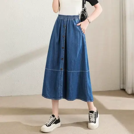 时尚气质牛仔半身裙2023年夏季新款女士松紧高腰显瘦通勤伞裙子图片