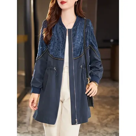 宝诗黎圆领亮片拼接拉链开衫上衣女抽绳收腰中长外套2023秋季新款商品大图
