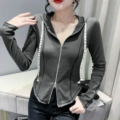 拉链连帽卫衣女设计感小众2023春秋新款气质休闲上衣显瘦打底衫潮图片