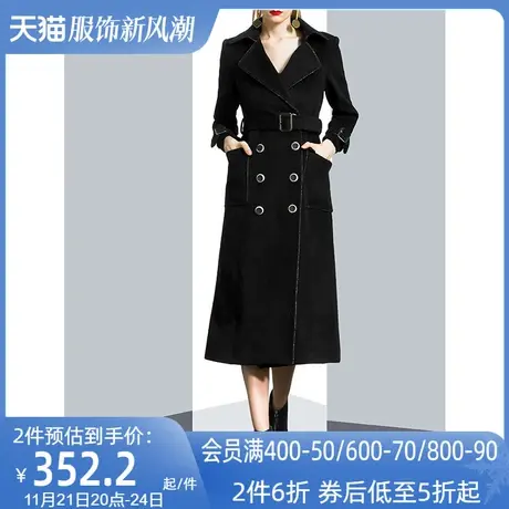 黑色双排扣中长款过膝毛呢外套女冬2023新款时尚收腰气质呢子大衣图片
