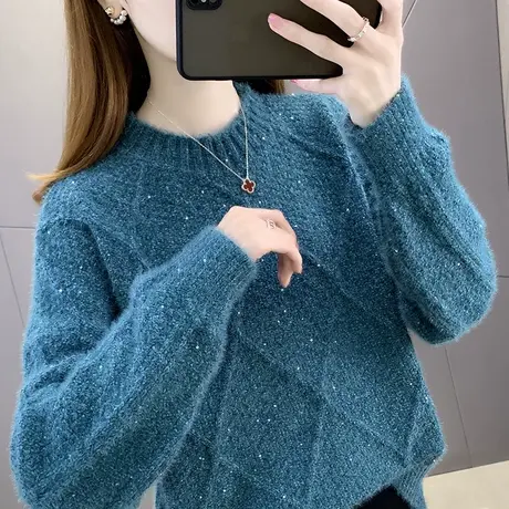 亮片毛衣女秋冬2023年新款女装上衣宽松外穿洋气针织衫女内搭圆领图片